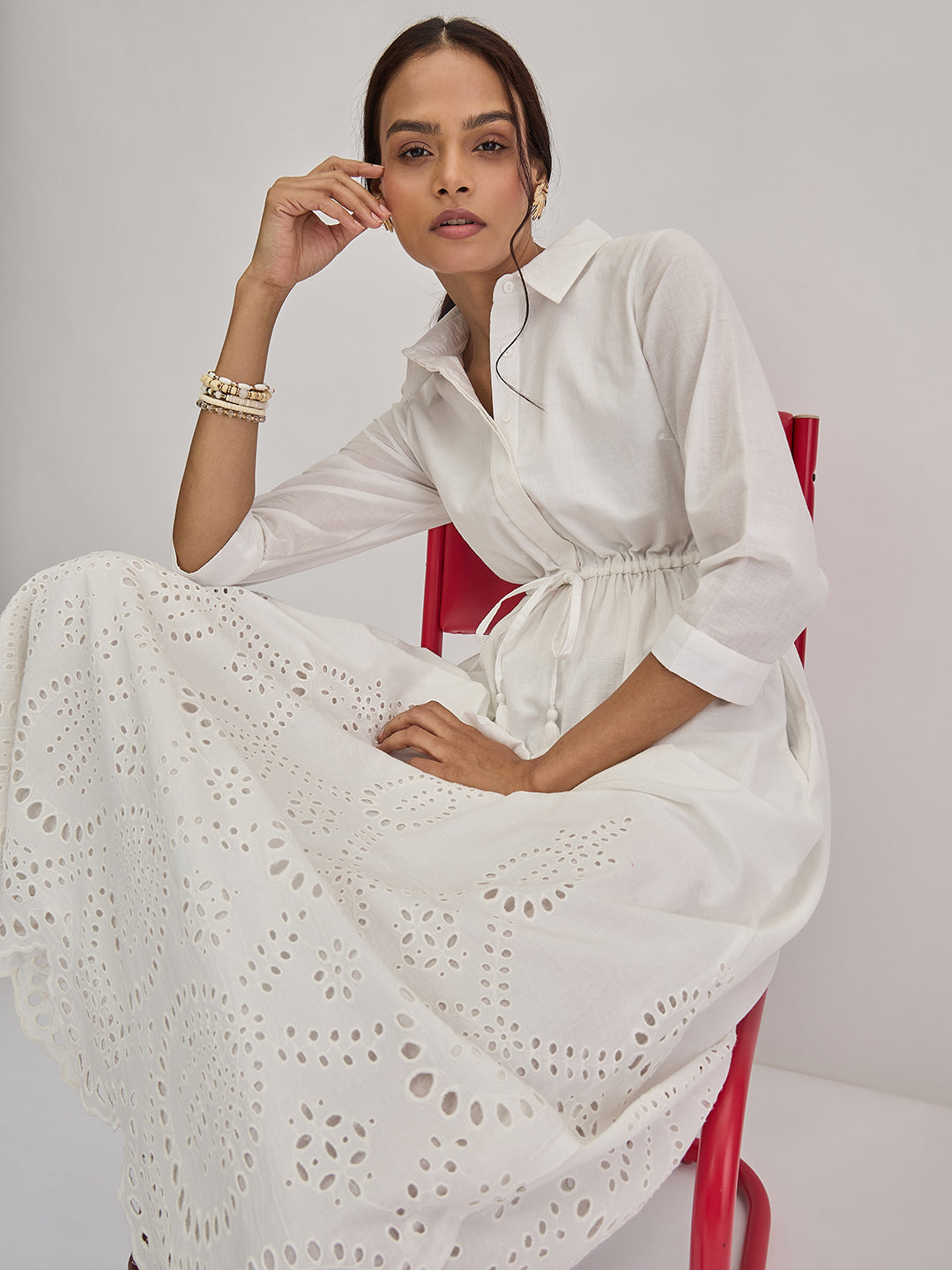White Schiffli Shirt Maxi Dress
