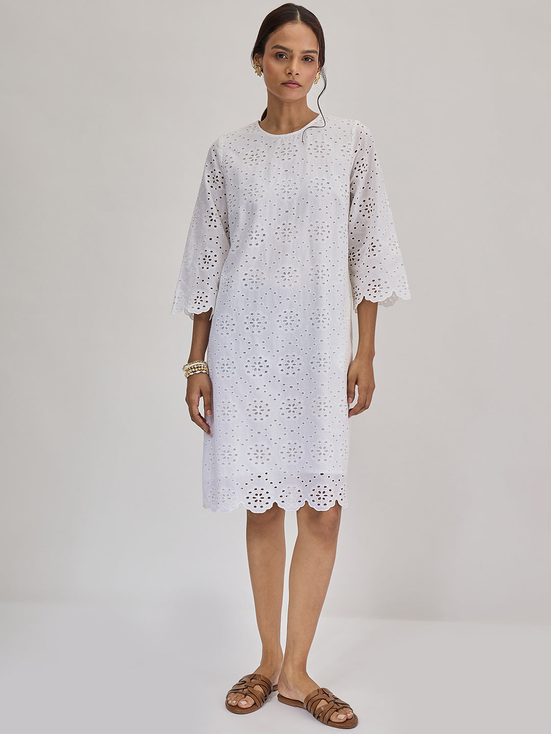White Cotton Schiffli Knee Length Dress