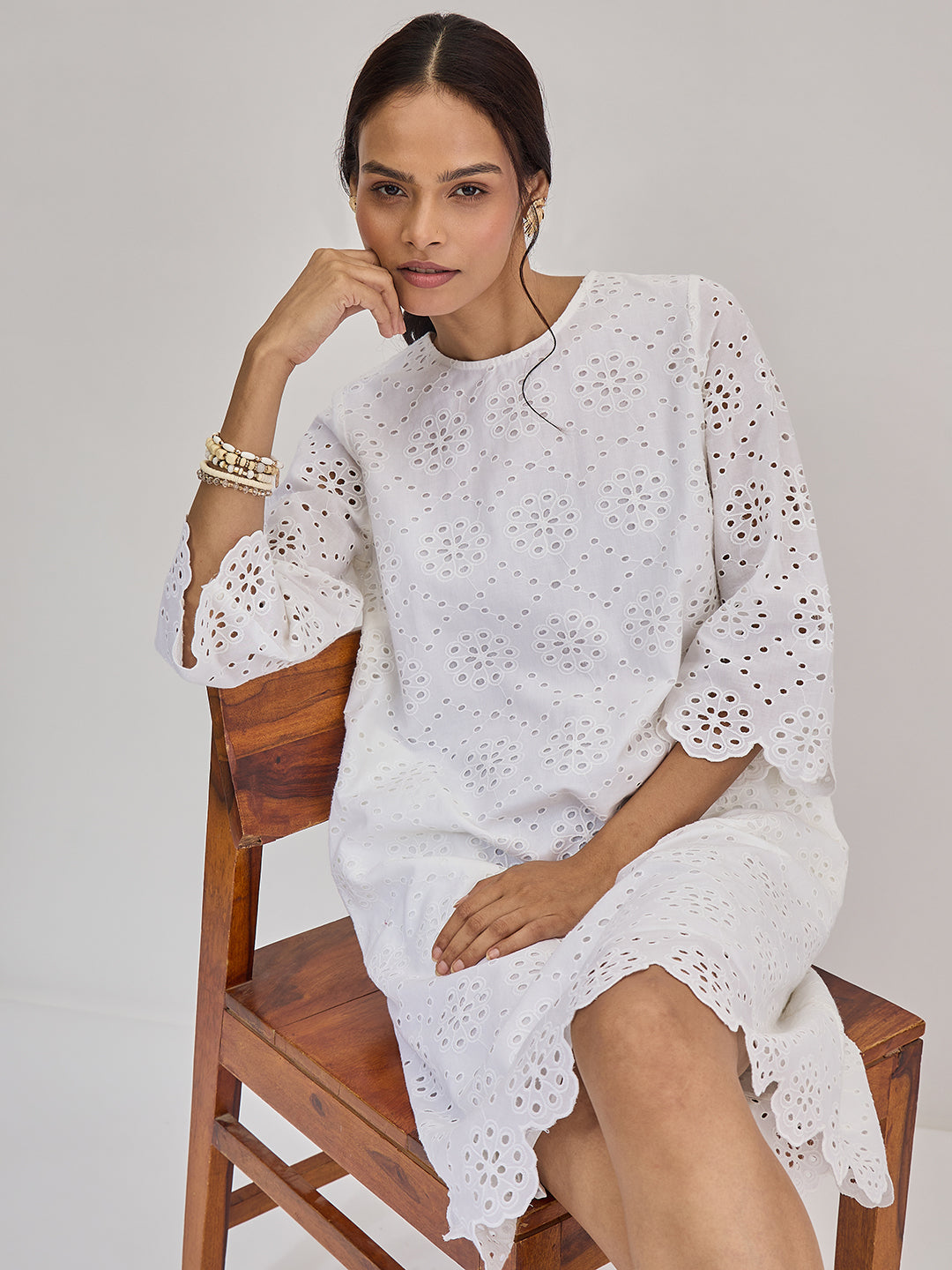 White Cotton Schiffli Knee Length Dress