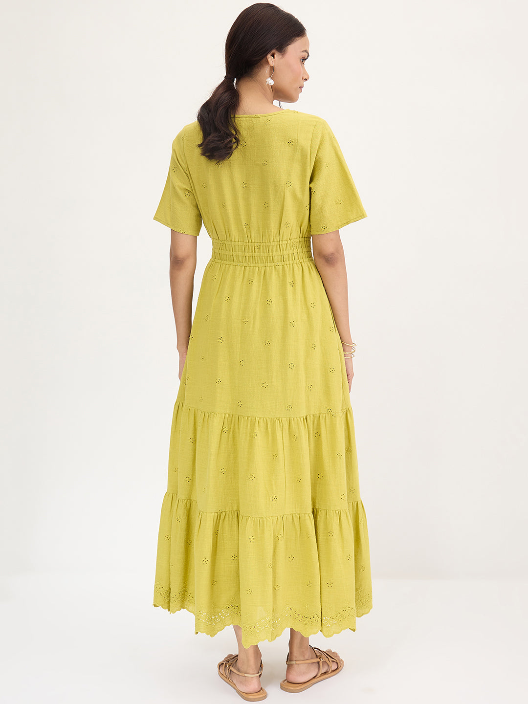 Citrine Green Schiffli Tiered Maxi Dress
