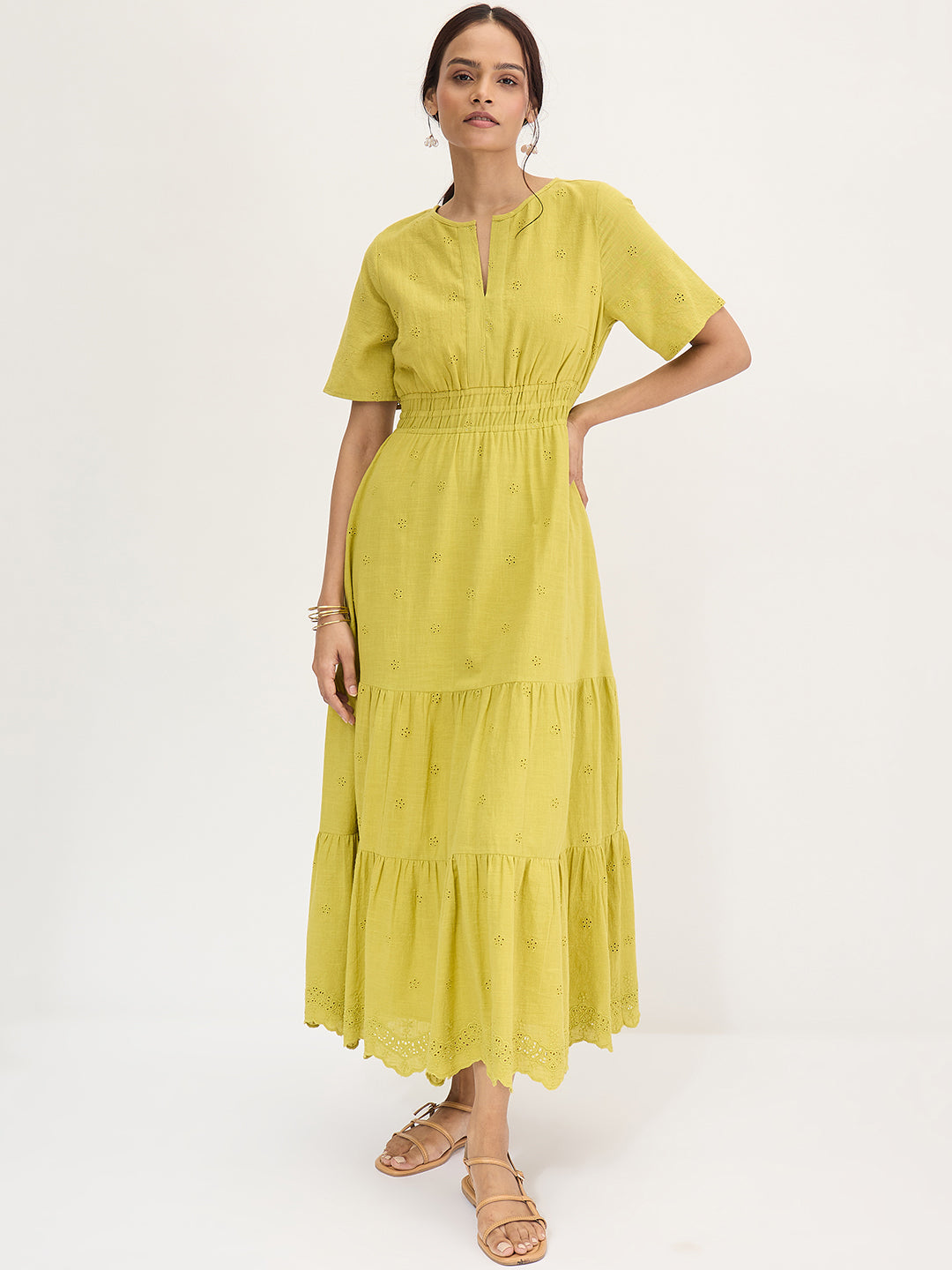 Citrine Green Schiffli Tiered Maxi Dress