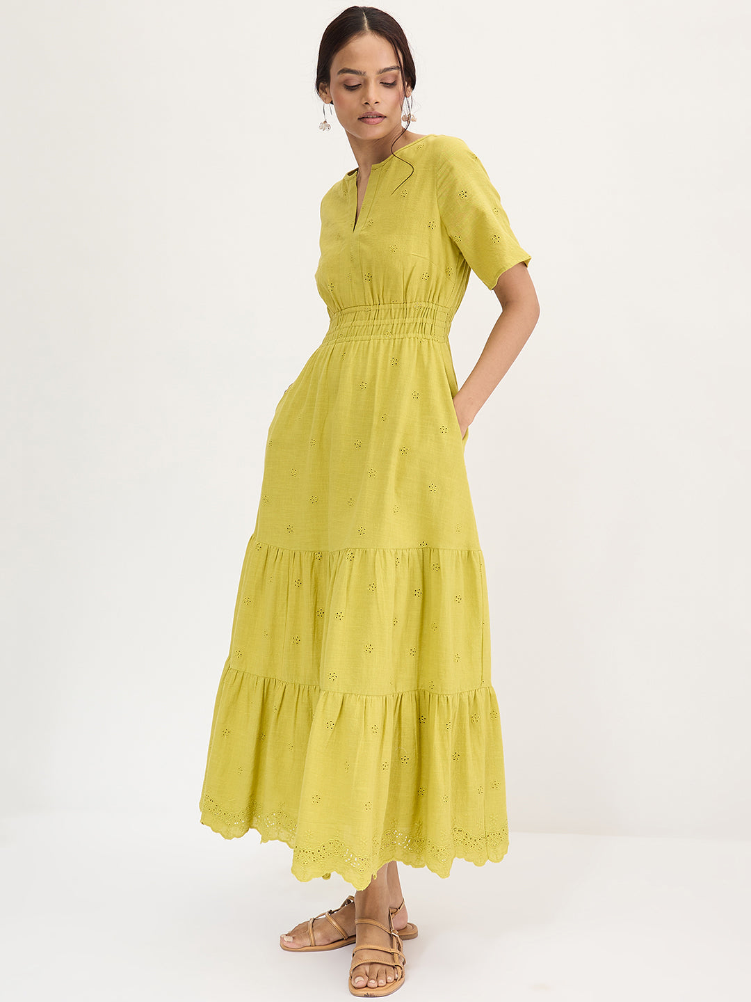Citrine Green Schiffli Tiered Maxi Dress