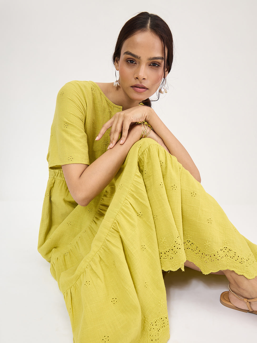 Citrine Green Schiffli Tiered Maxi Dress