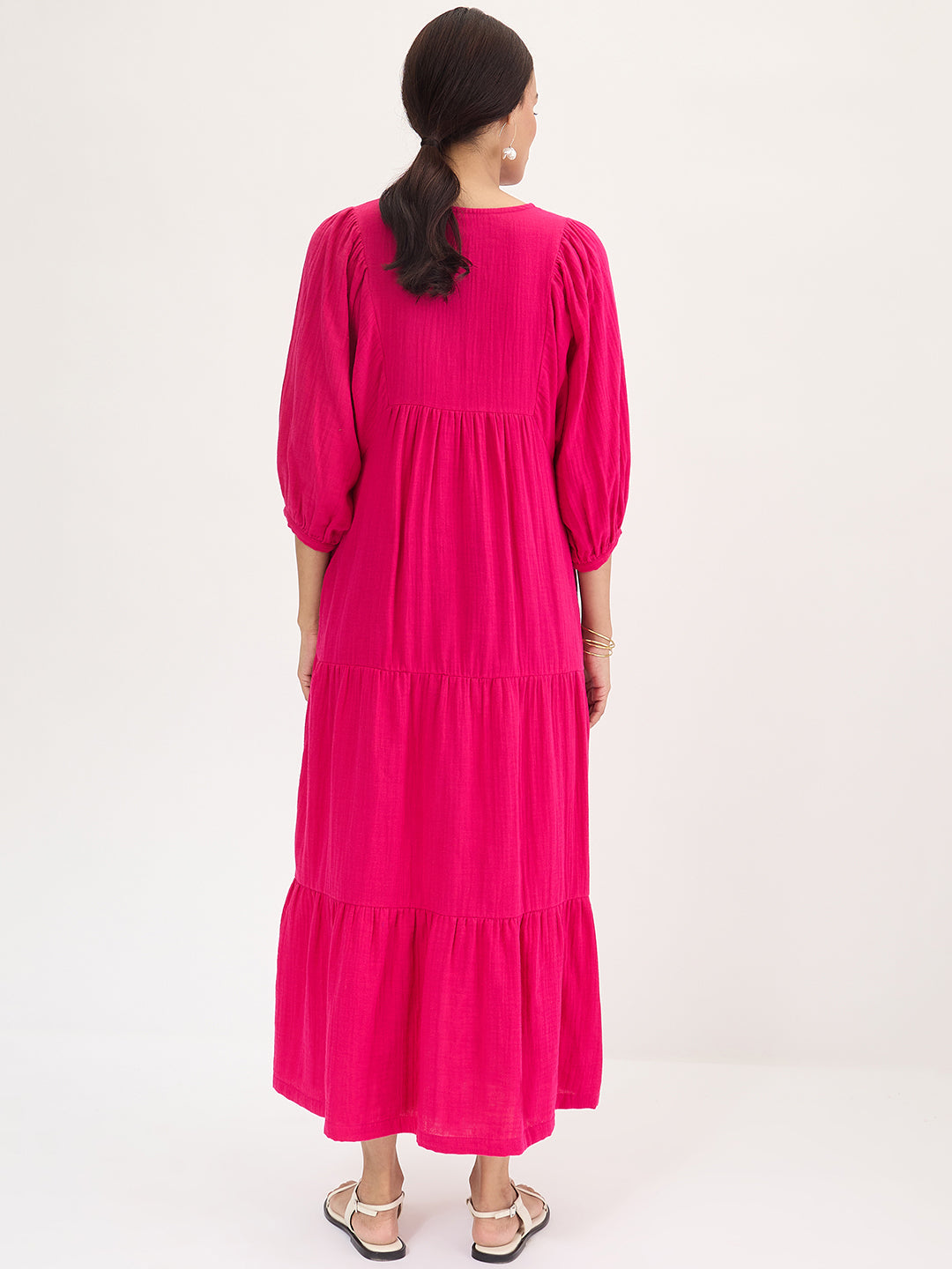 Cotton Gauz Hot Pink Tiered Maxi Dress