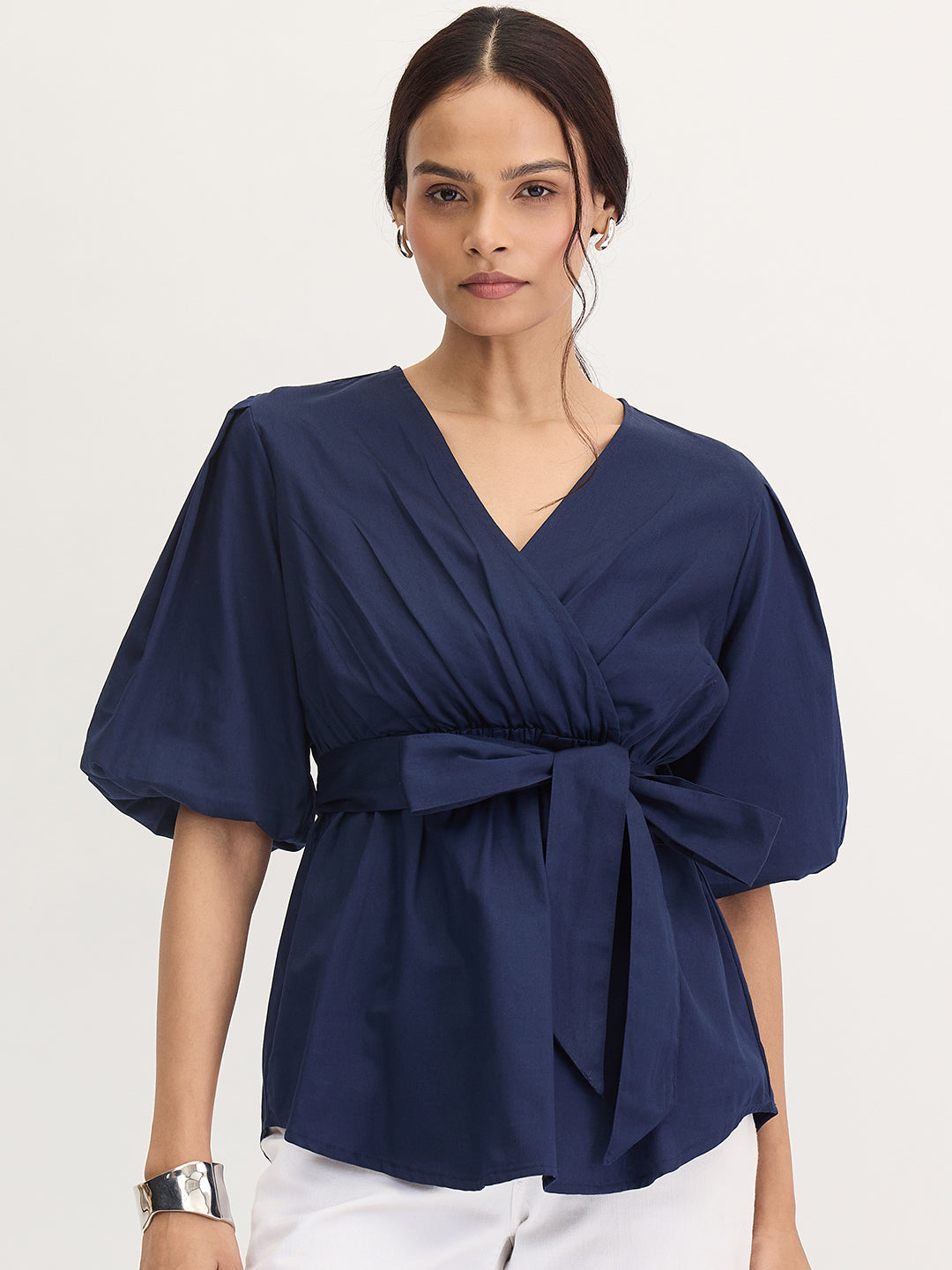Navy Cotton Wrap Top