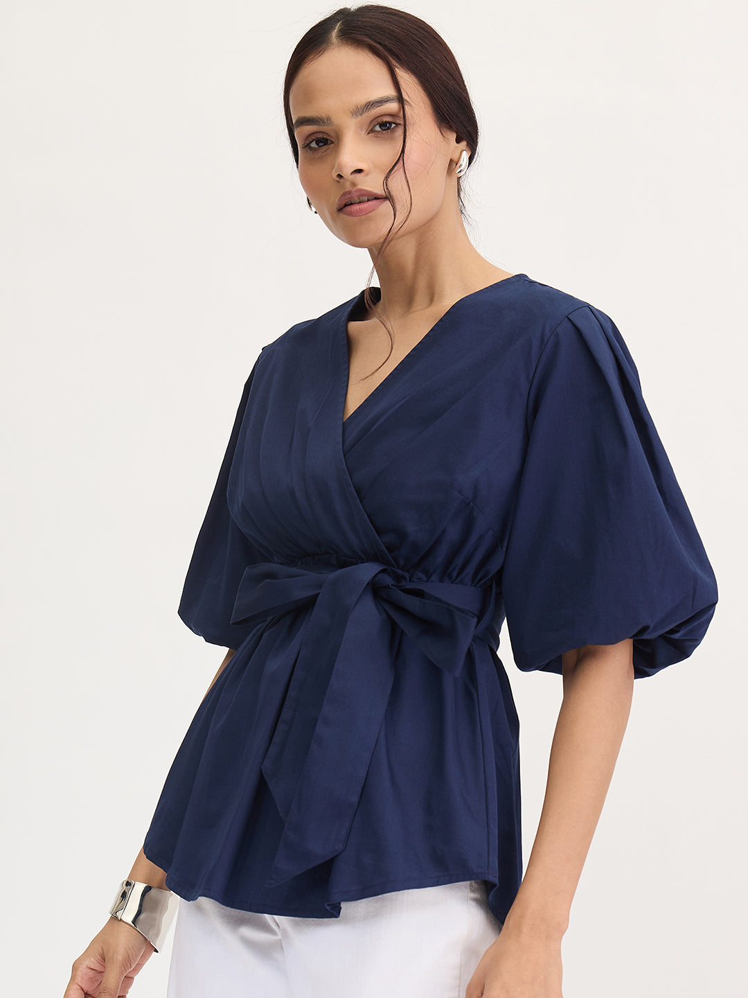 Navy Cotton Wrap Top