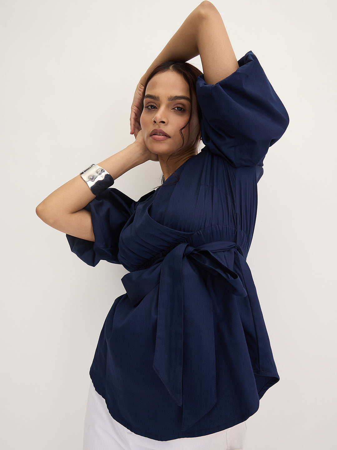 Navy Cotton Wrap Top