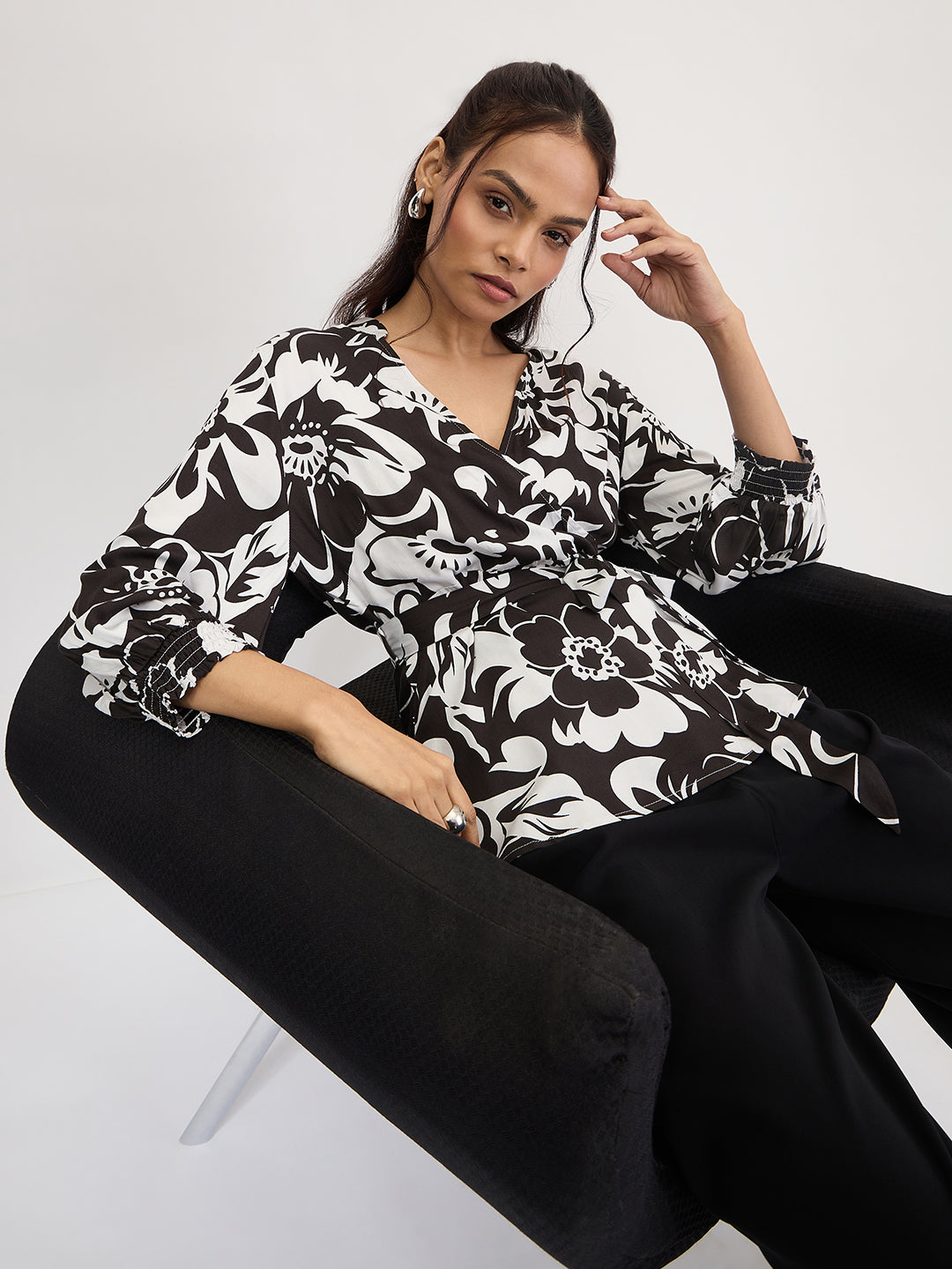 Black And White Floral Print Wrap Top