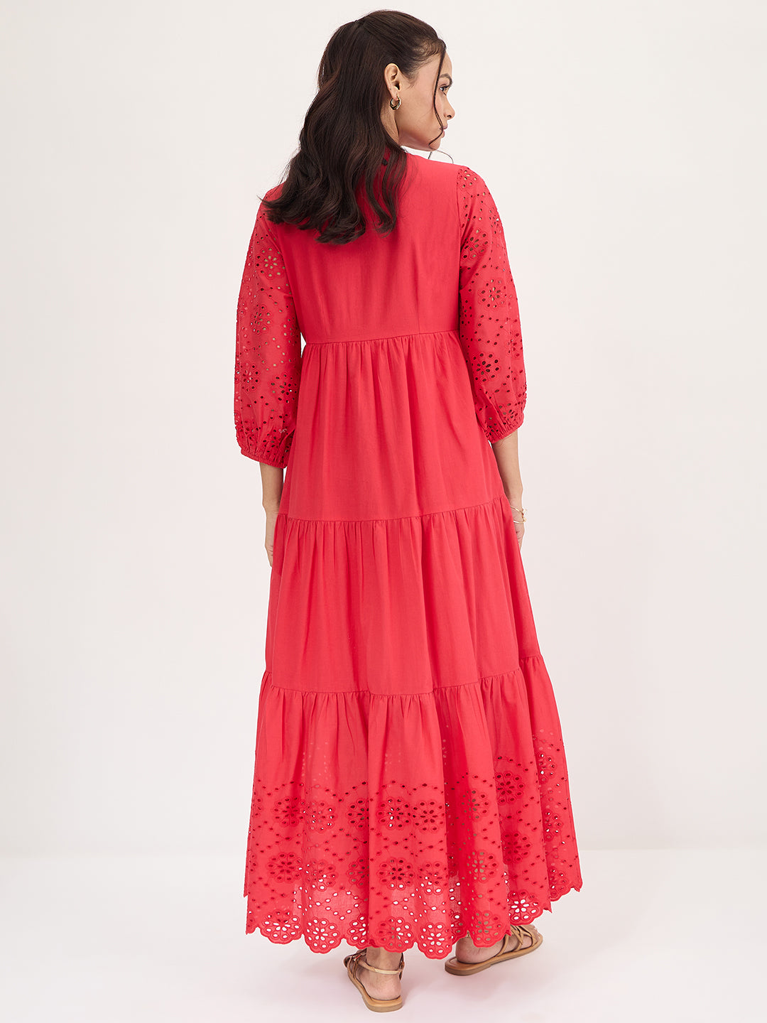 Red Cotton Schiffli Tiered Maxi Dress