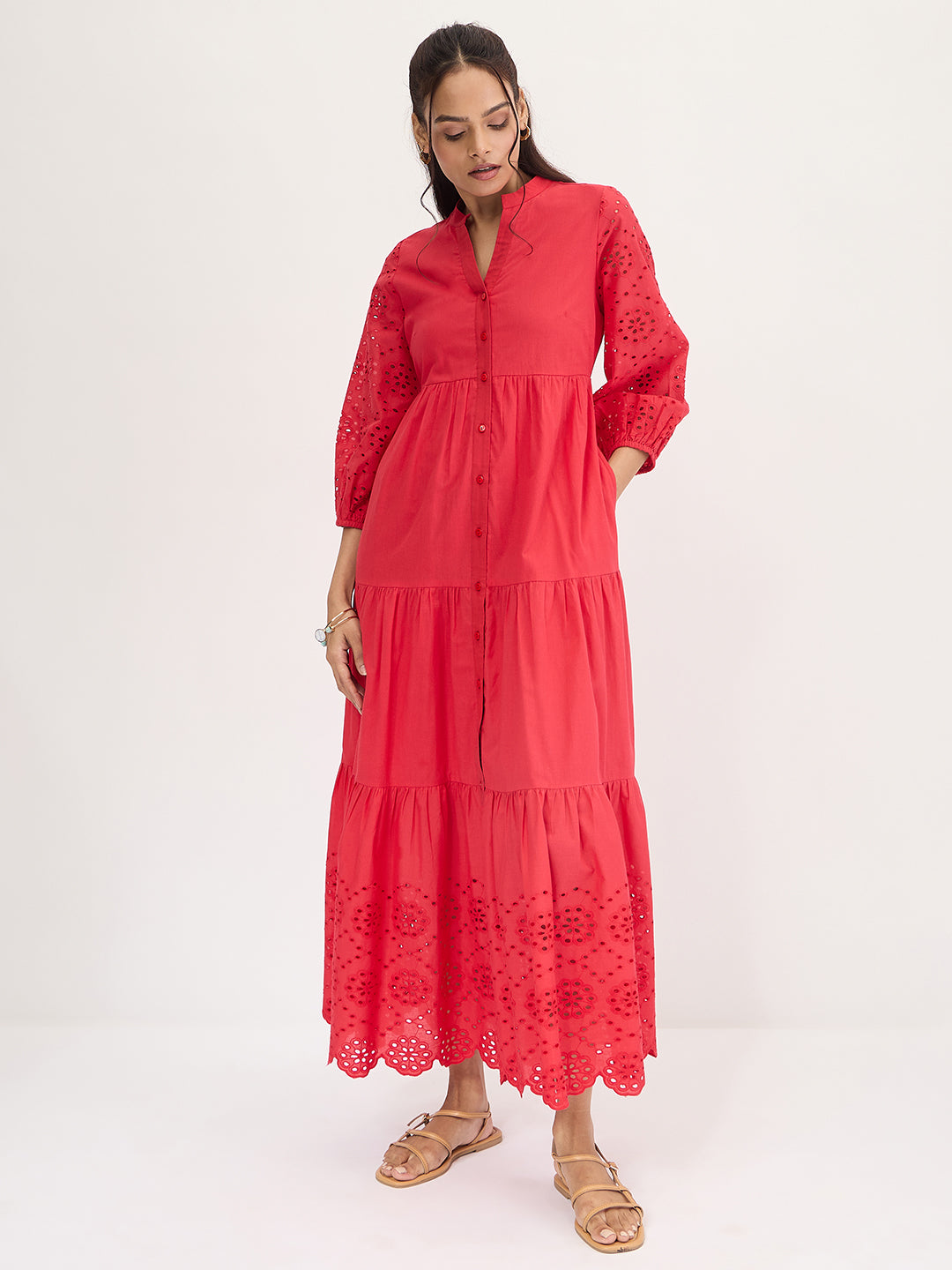 Red Cotton Schiffli Tiered Maxi Dress