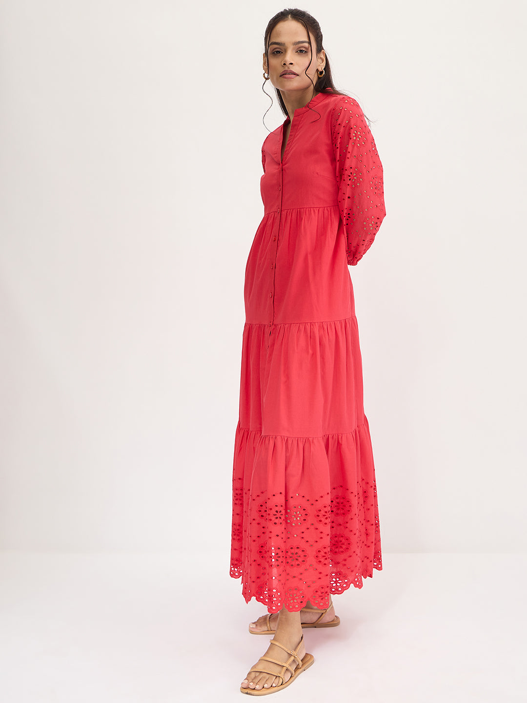 Red Cotton Schiffli Tiered Maxi Dress