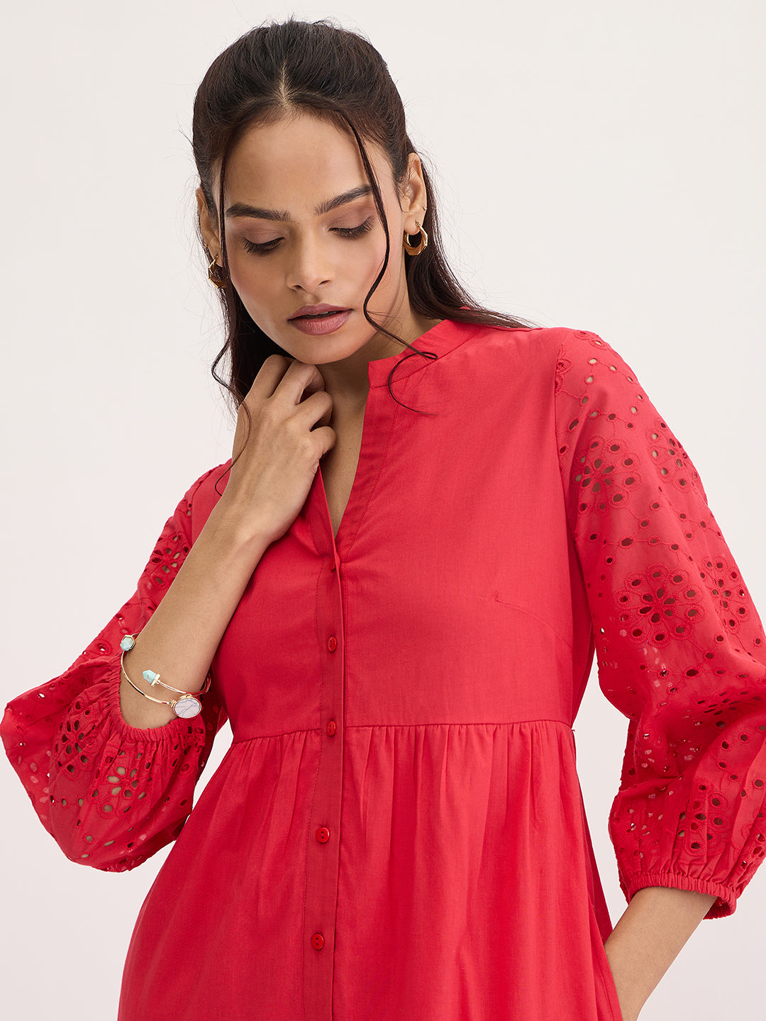 Red Cotton Schiffli Tiered Maxi Dress