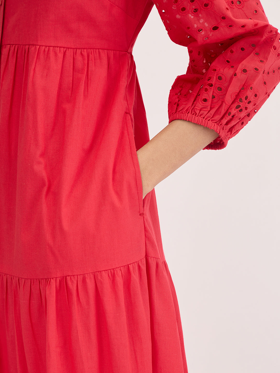 Red Cotton Schiffli Tiered Maxi Dress