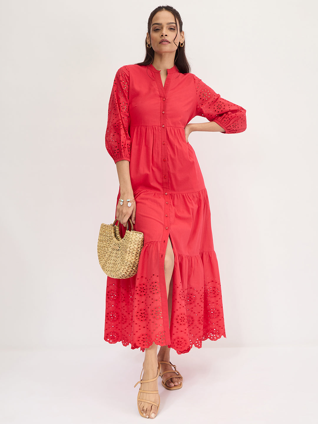 Red Cotton Schiffli Tiered Maxi Dress