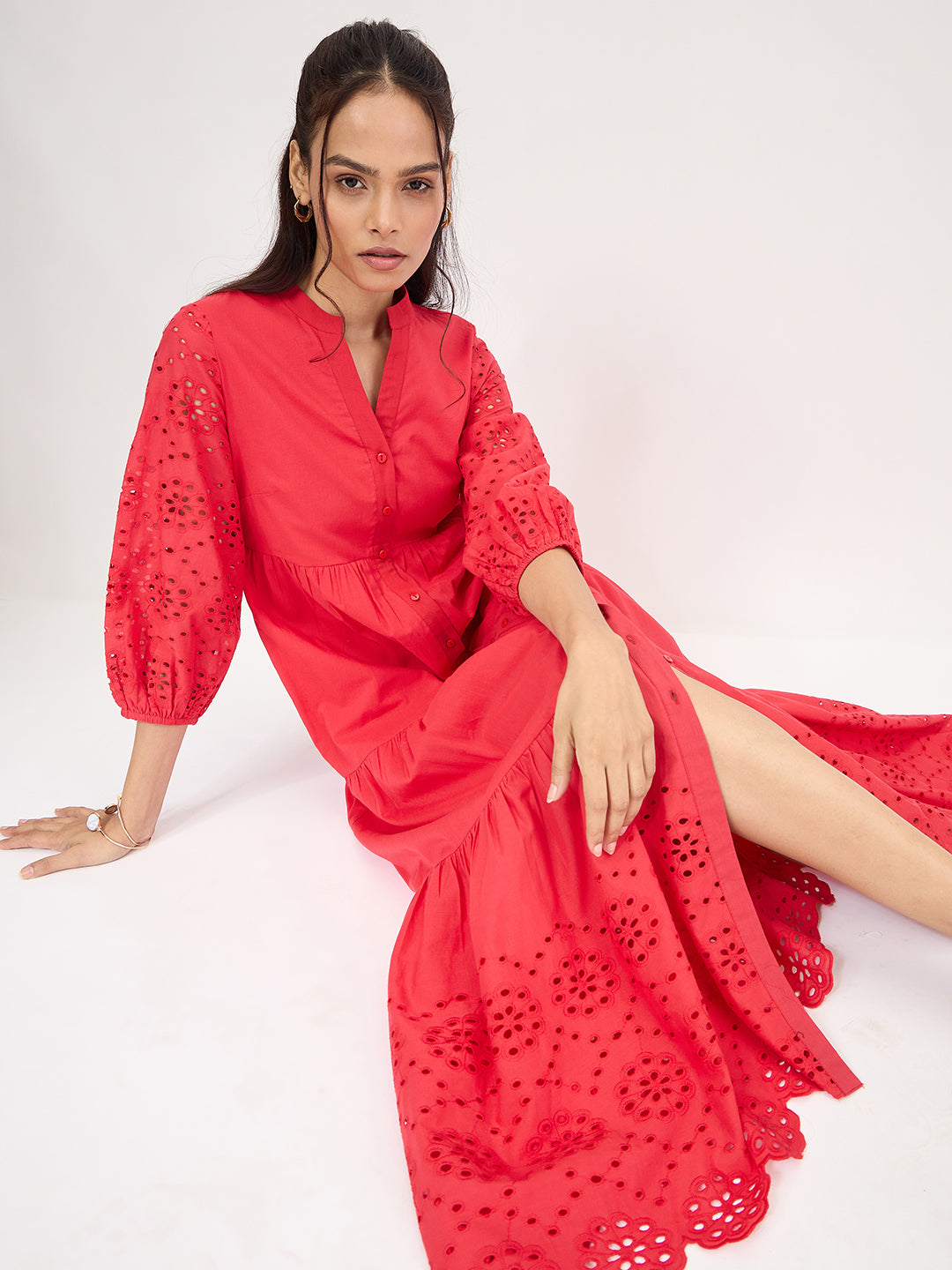 Red Cotton Schiffli Tiered Maxi Dress