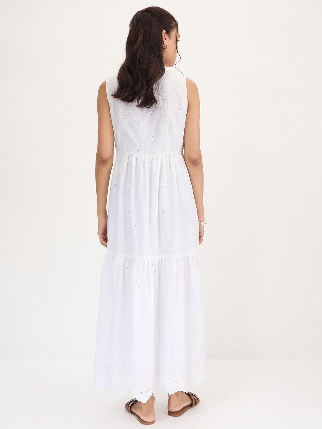 White Schiffli Sleeveless Maxi Dress
