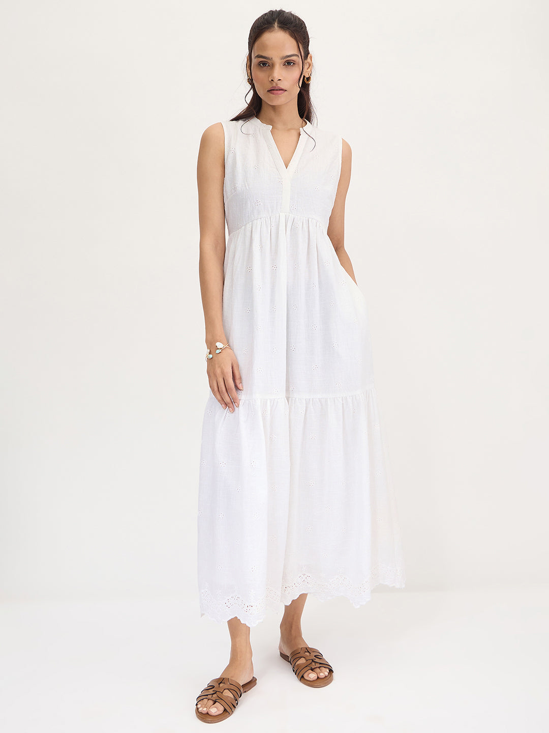 White Schiffli Sleeveless Maxi Dress