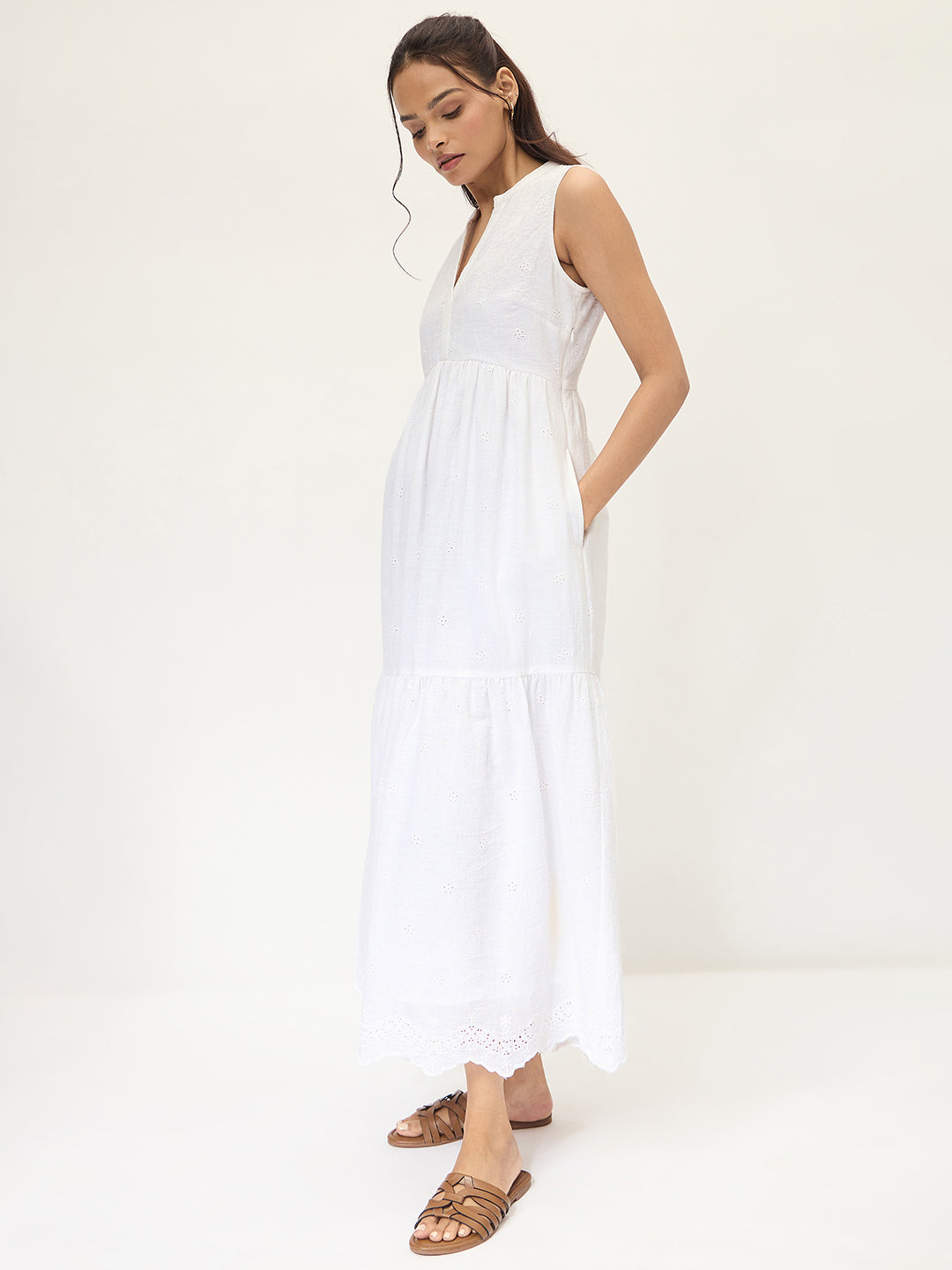 White Schiffli Sleeveless Maxi Dress