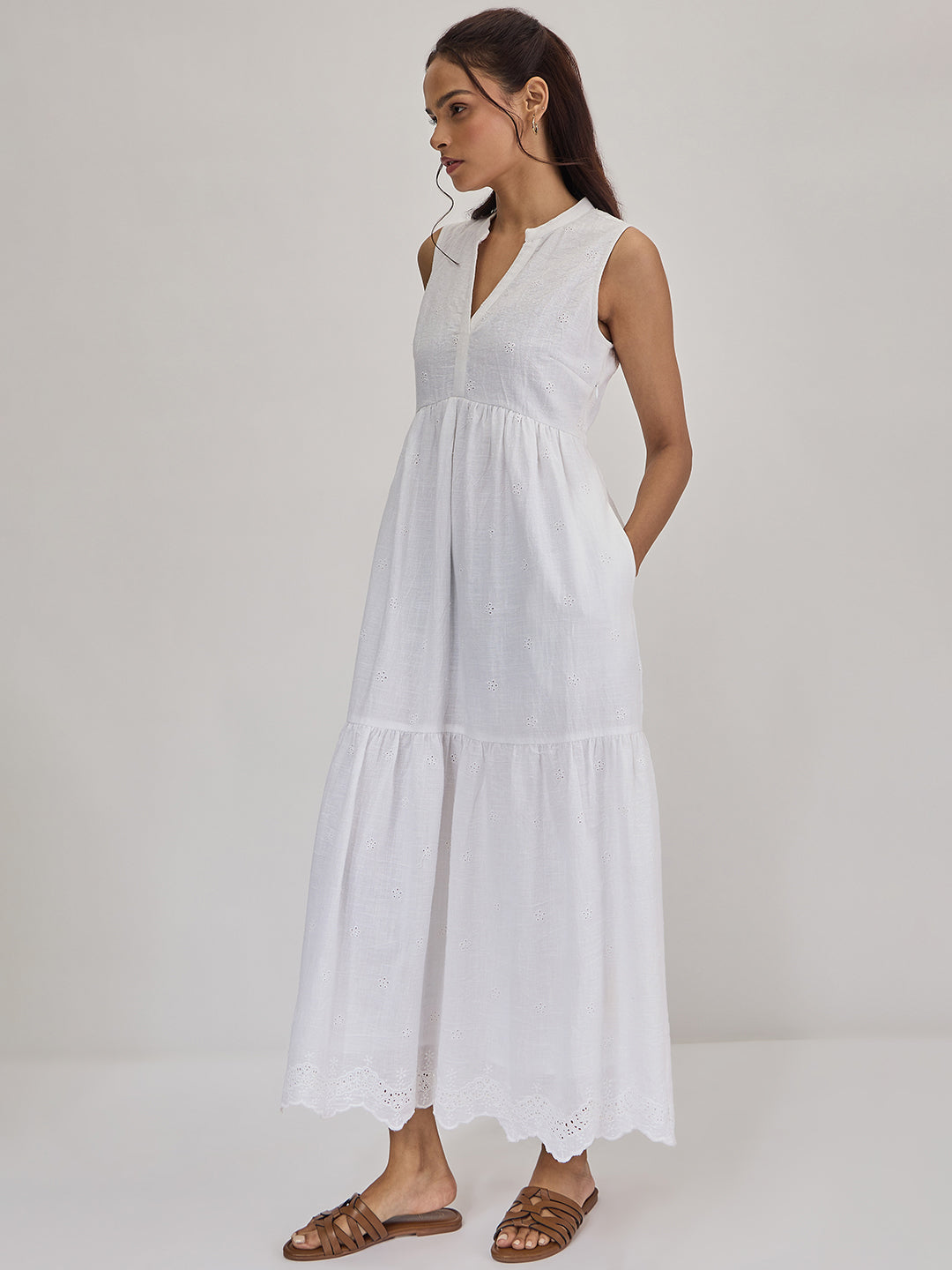 White Schiffli Sleeveless Maxi Dress