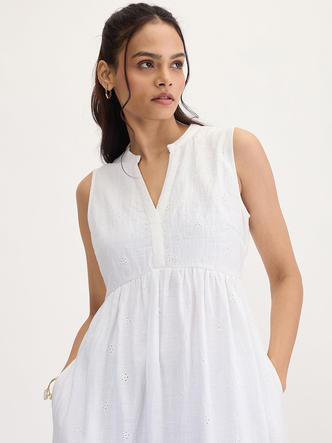White Schiffli Sleeveless Maxi Dress