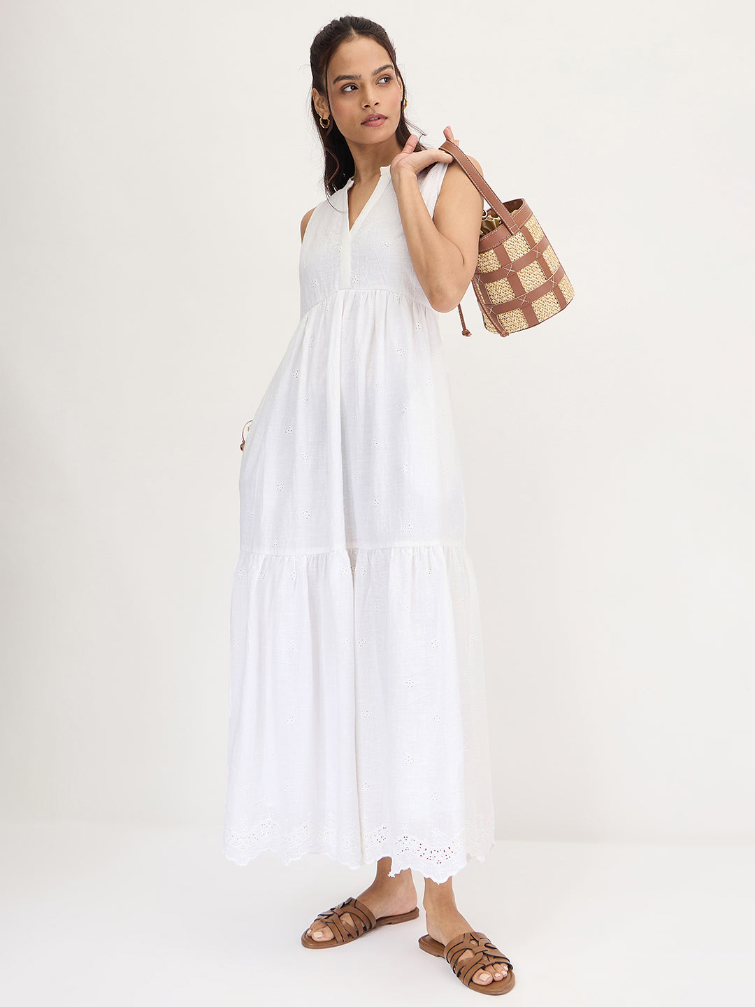 White Schiffli Sleeveless Maxi Dress