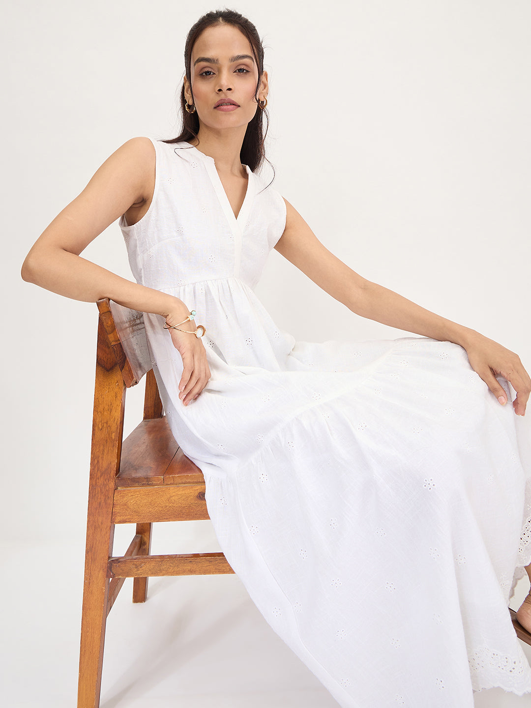 White Schiffli Sleeveless Maxi Dress
