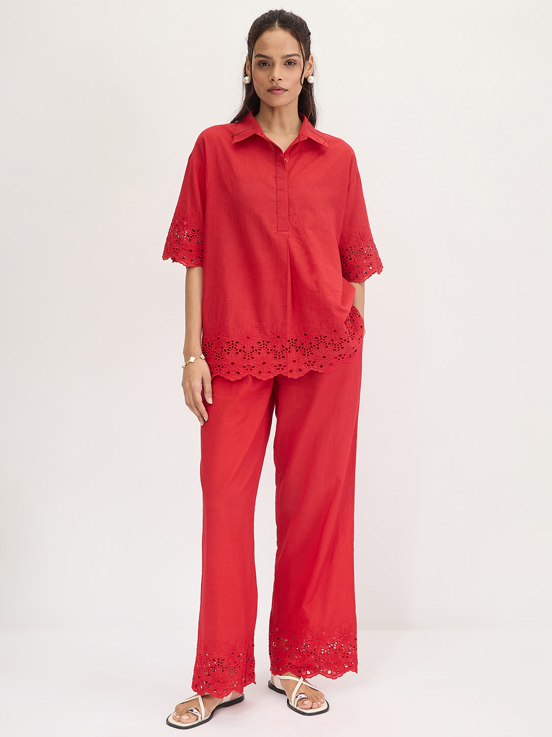 Red Schiffli Shirt Co-Ord Set