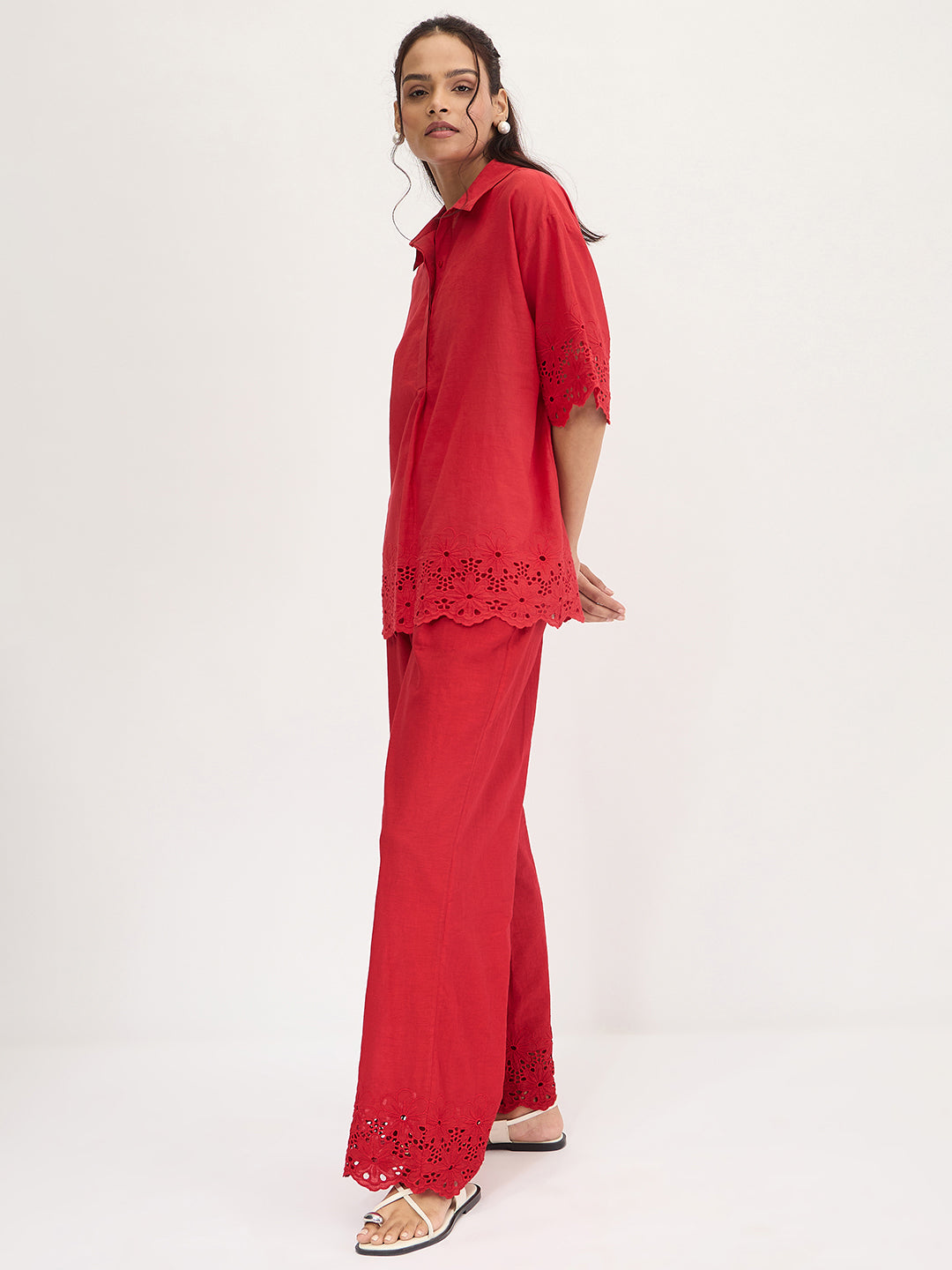 Red Schiffli Shirt Co-Ord Set