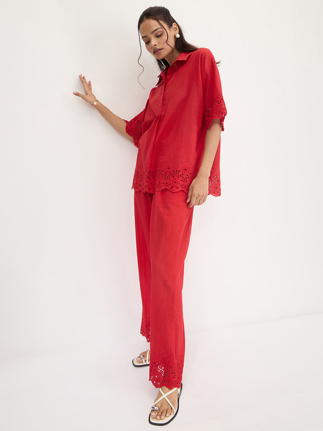 Red Schiffli Shirt Co-Ord Set