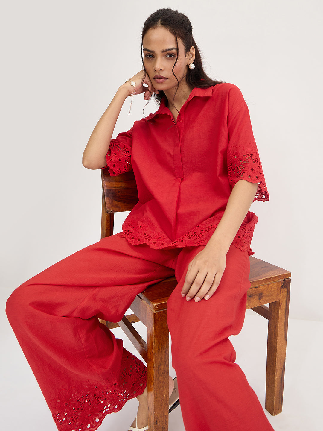 Red Schiffli Shirt Co-Ord Set