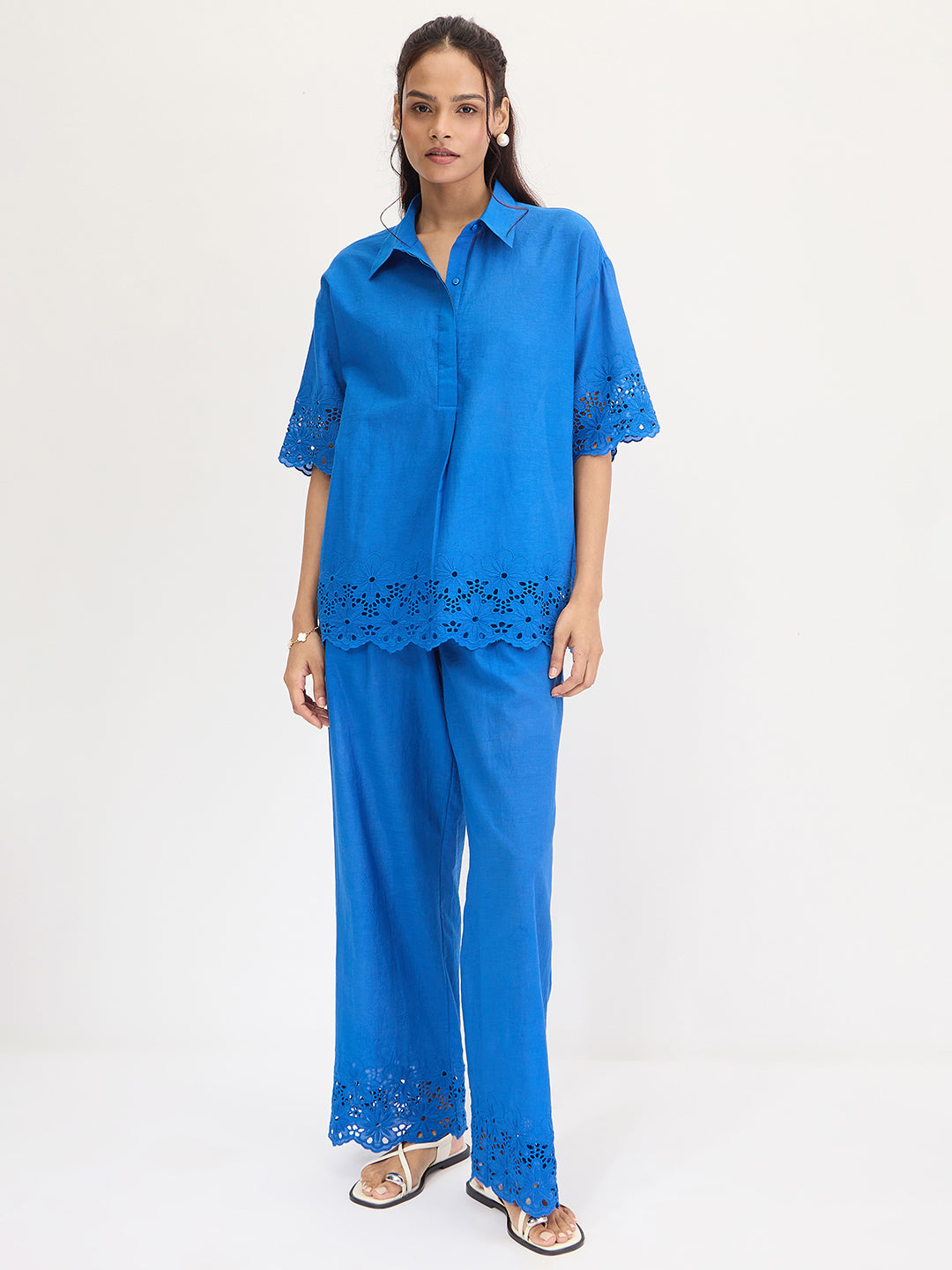 Royal Blue Schiffli Shirt Co-Ord Set