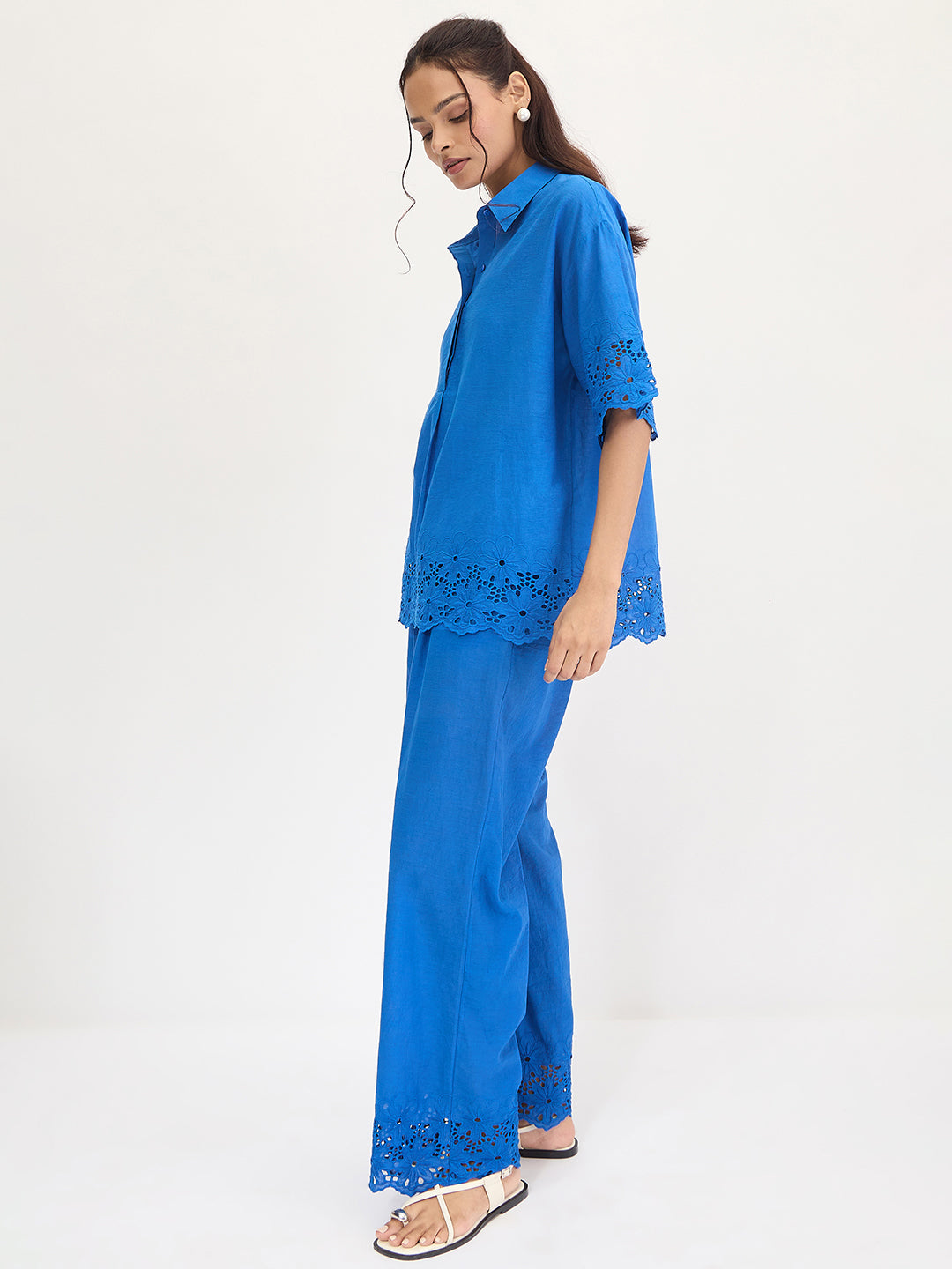 Royal Blue Schiffli Shirt Co-Ord Set