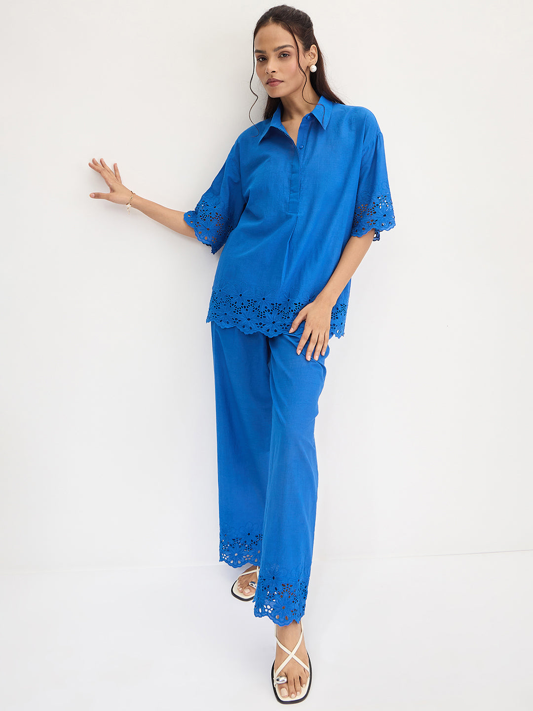 Royal Blue Schiffli Shirt Co-Ord Set