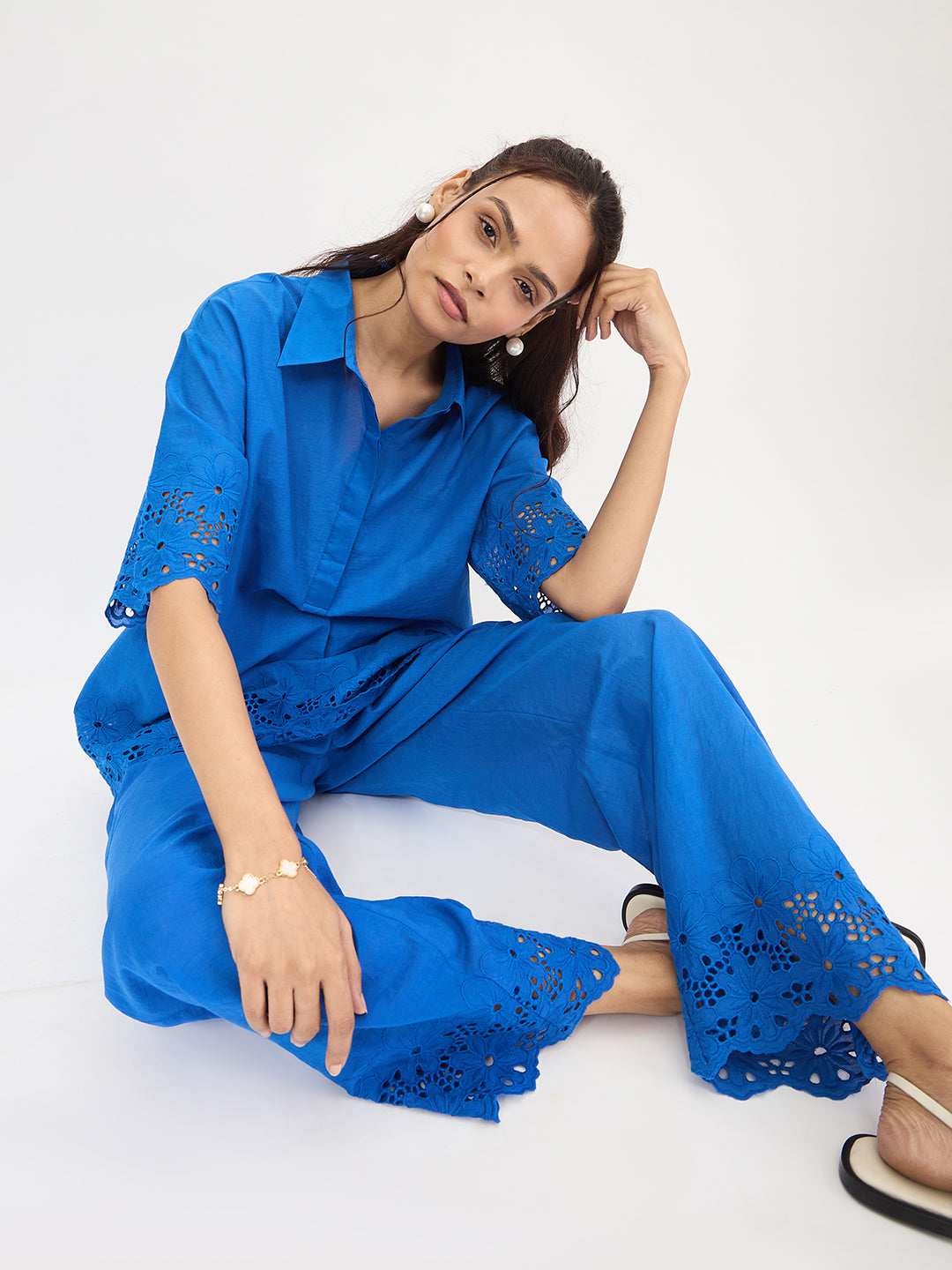 Royal Blue Schiffli Shirt Co-Ord Set