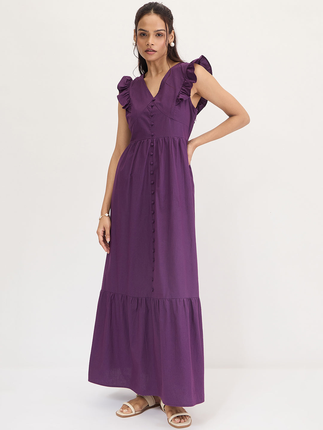 Deep Purple Poplin Ruffle Maxi Dress