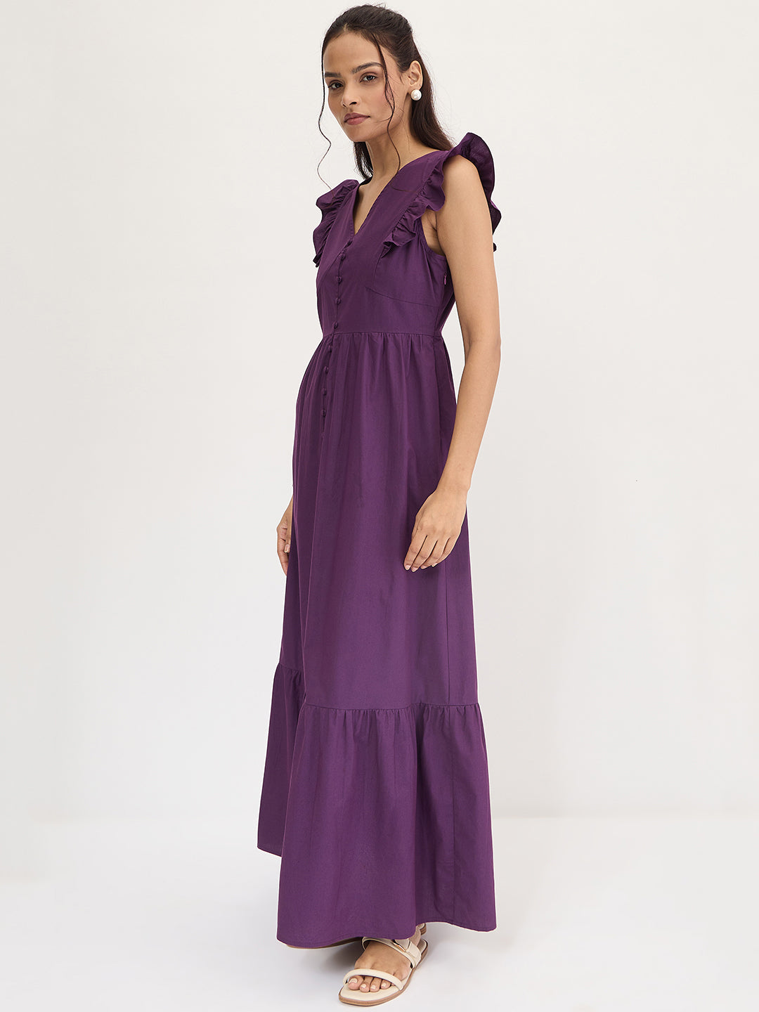 Deep Purple Poplin Ruffle Maxi Dress