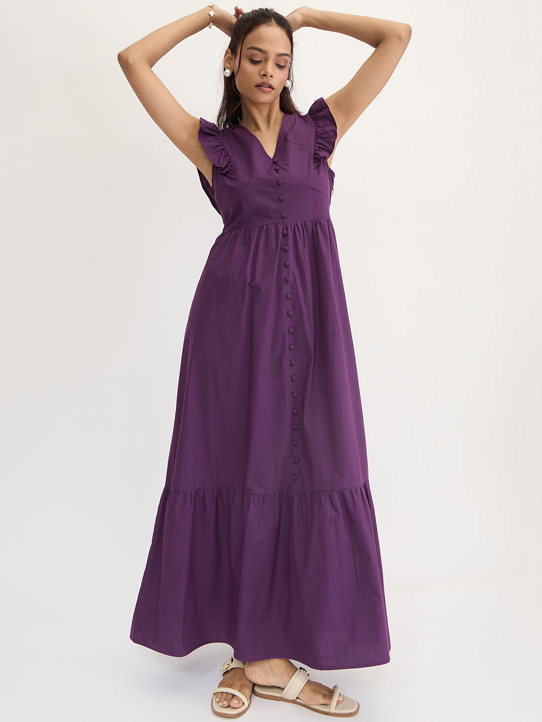 Deep Purple Poplin Ruffle Maxi Dress