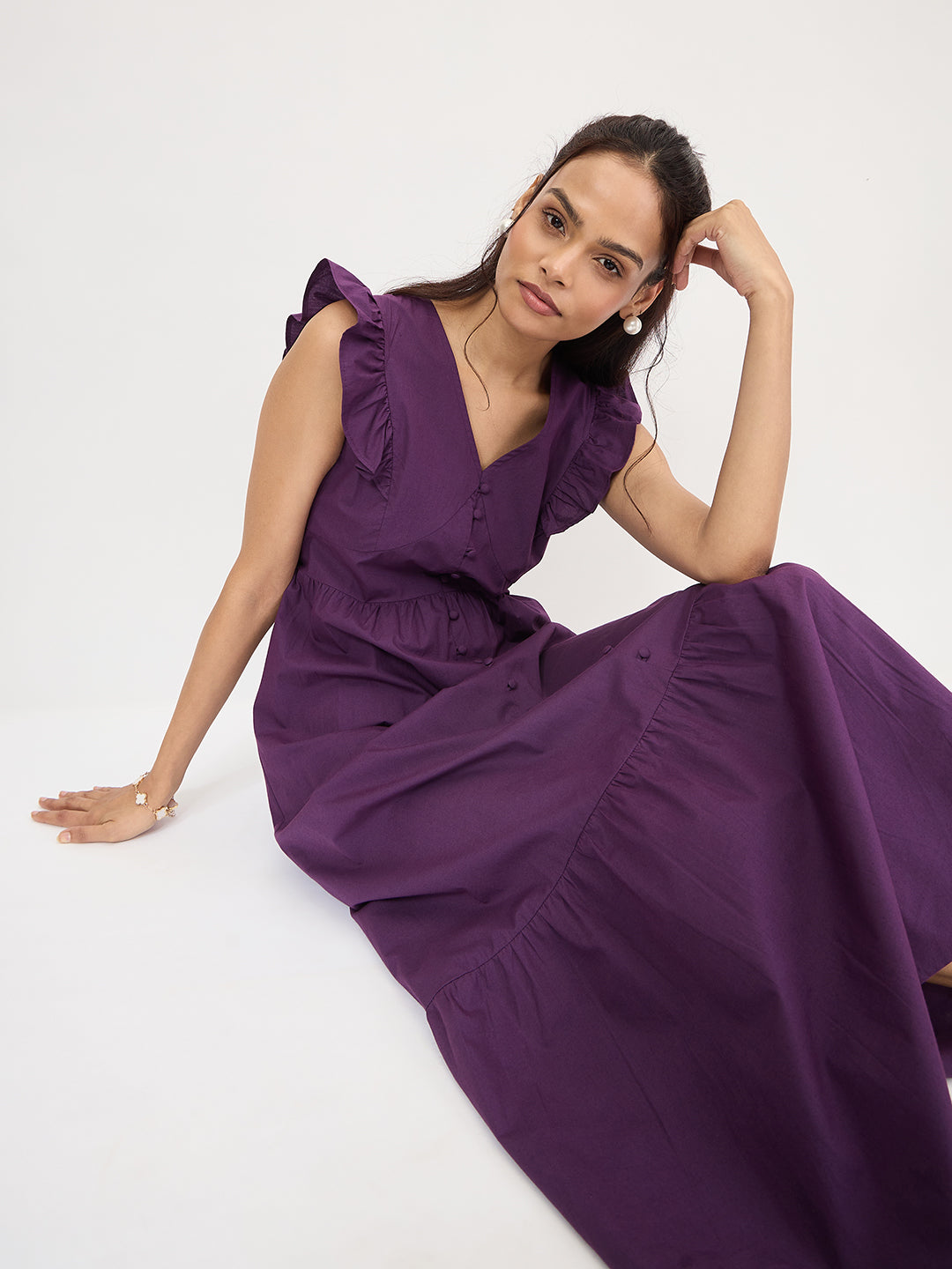 Deep Purple Poplin Ruffle Maxi Dress