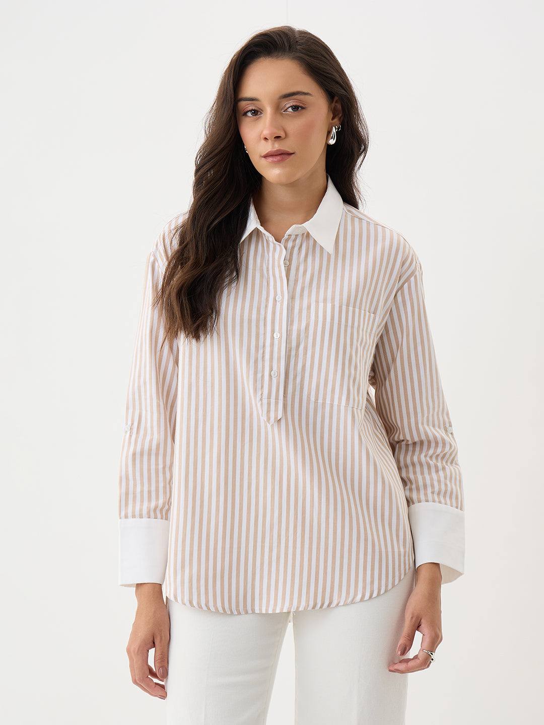 Beige Stripe Colorblock Tunic