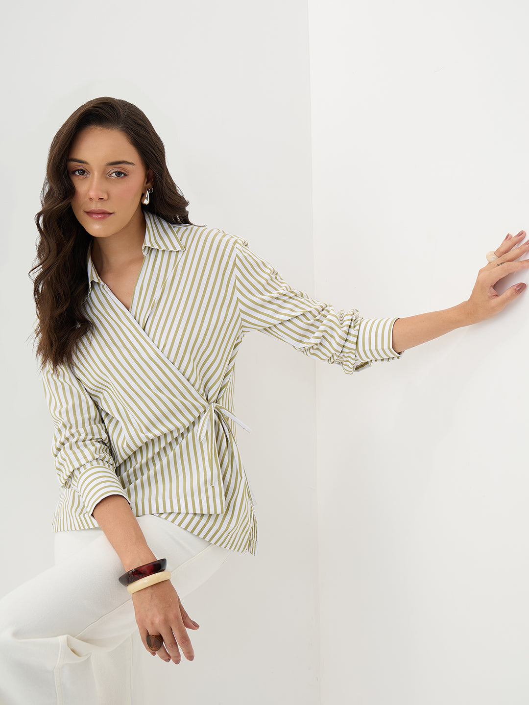 Olive Stripe Asymmetric Wrap Top