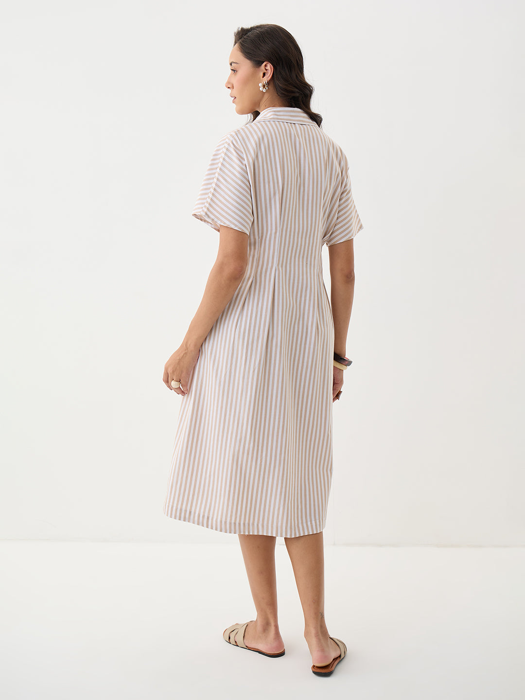 Beige Stripe Pleated Midi Dress