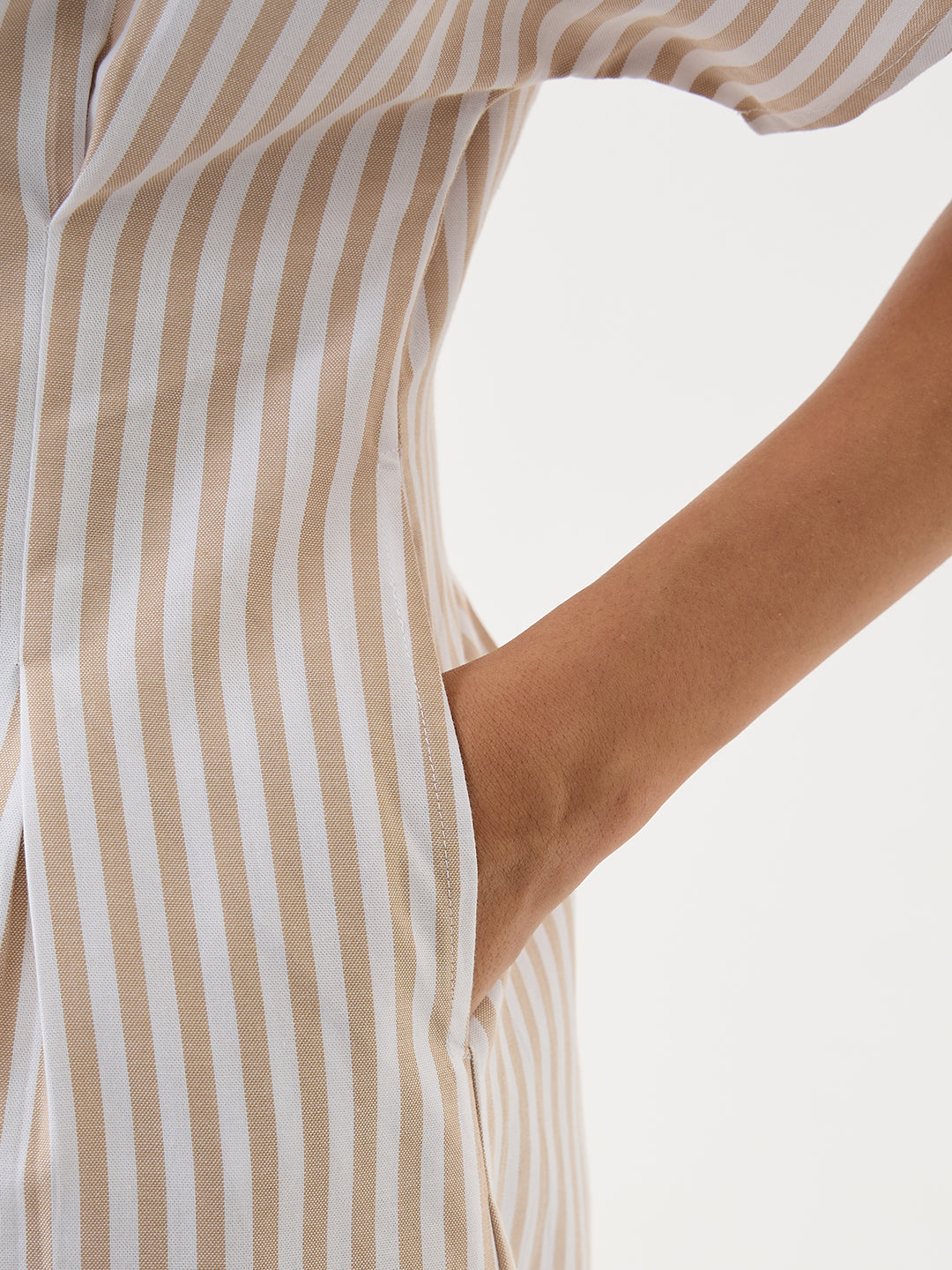 Beige Stripe Pleated Midi Dress