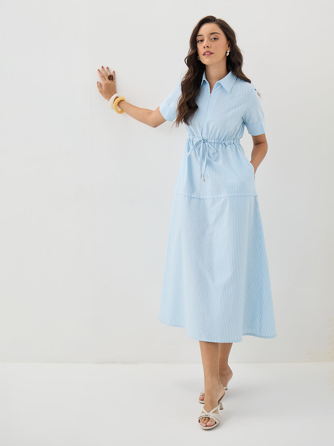 Blue Stripe Half Zip-Up Maxi Dress