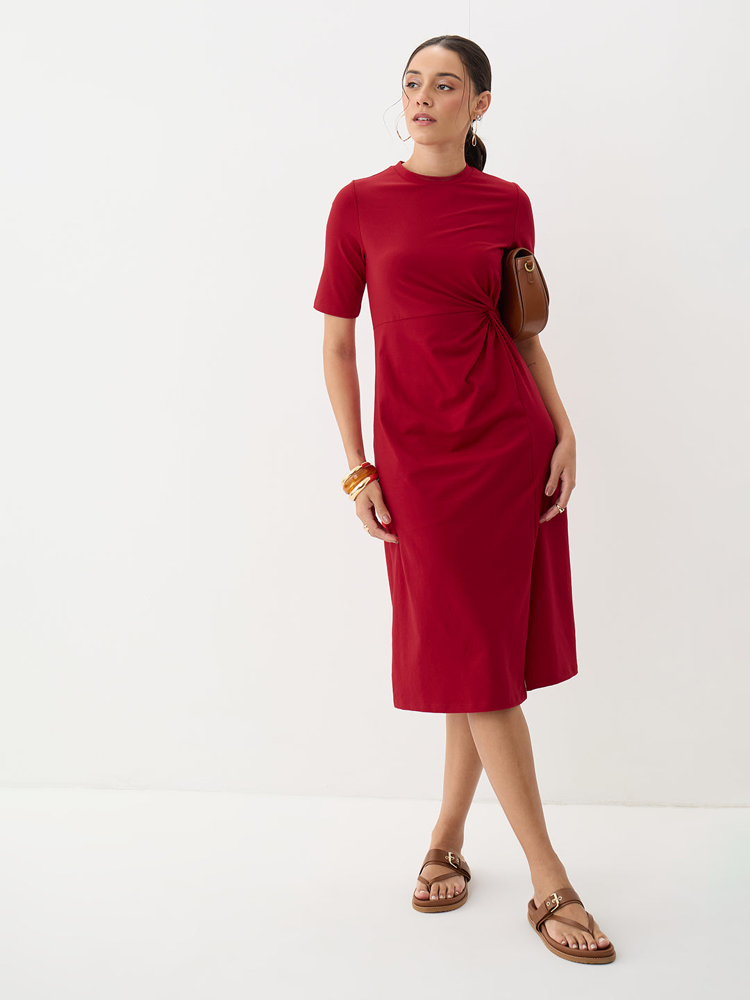 Red Knit Knot Detail Midi Dress