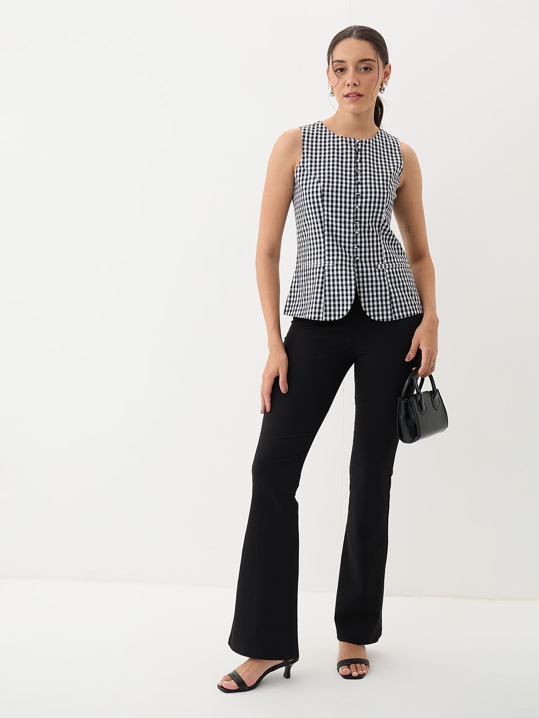 Black Gingham Button Down Vest