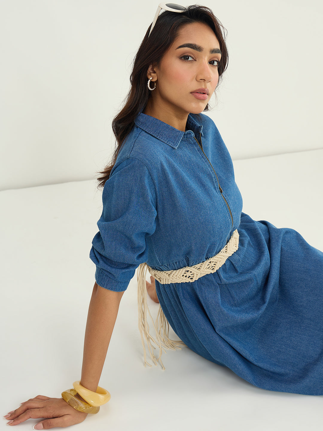 Mid Blue Front Zip Up Denim Midi Dress
