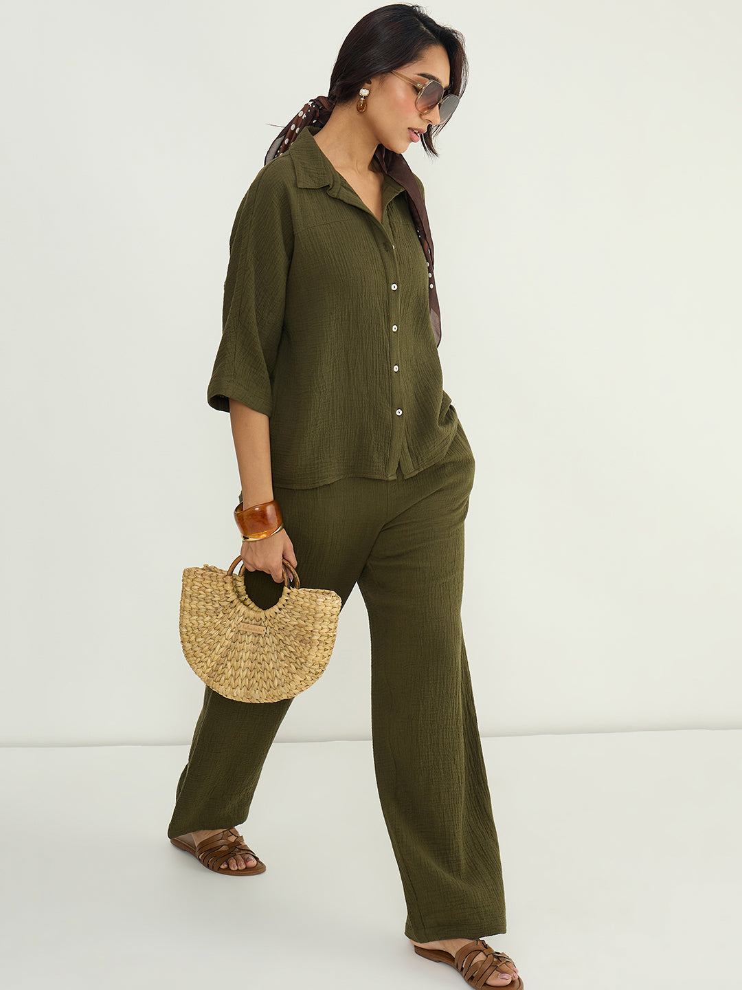 Olive Cotton Gauze Button Down Co-Ord Set