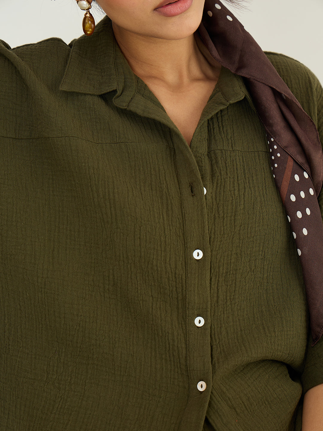 Olive Cotton Gauze Button Down Co-Ord Set