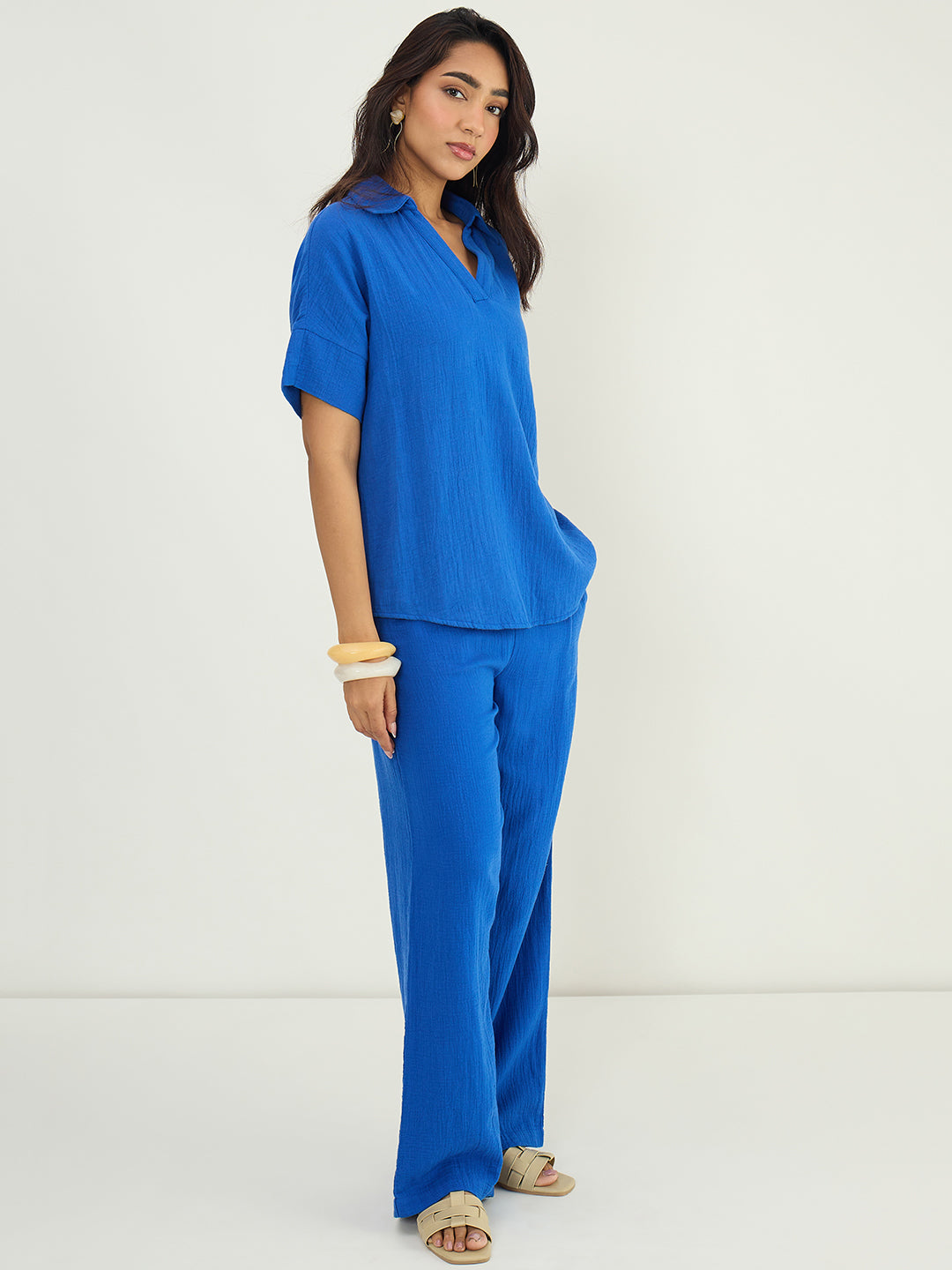 Royal Blue Cotton Gauze Collared Co-Ord Set