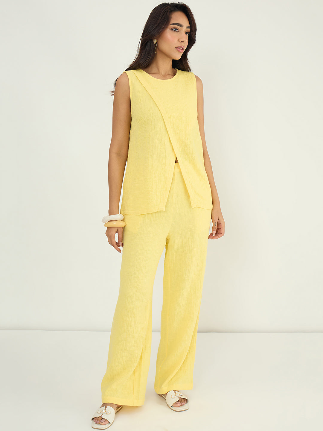 Yellow Cotton Gauze Wrap Detail Co-Ord Set